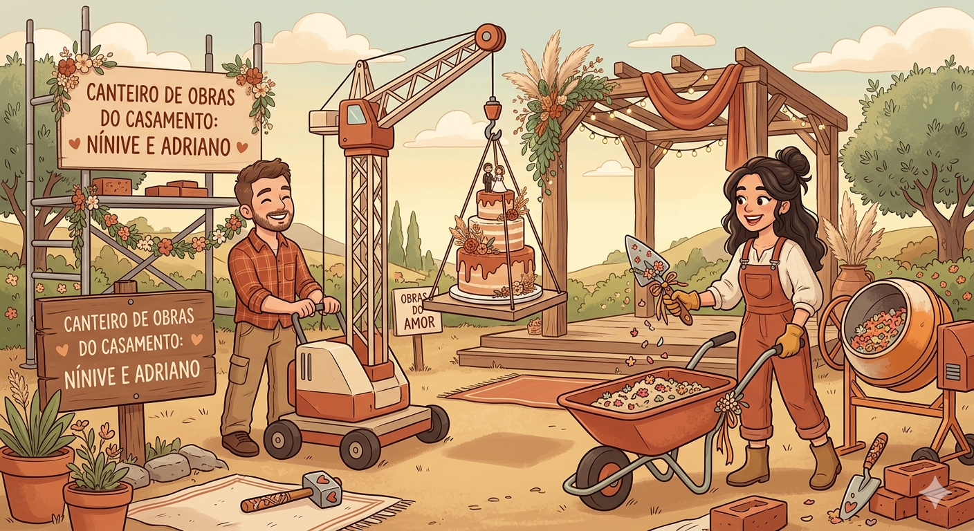 Desenho animado 2D de Nínive e Adriano trabalhando em um canteiro de obras de casamento com guindaste e bolo, em paleta terracota.